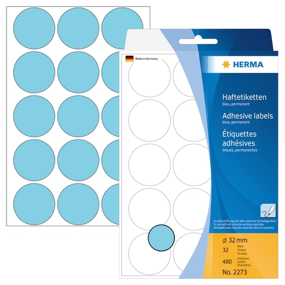 HERMA etiket handmatige ø32 blauw mm, 480 stuks.