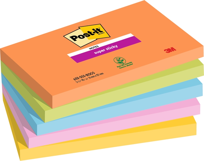 3M Post-it notes super sticky Boost 76 x 127 mm, - 90 velletjes - 5 stuks