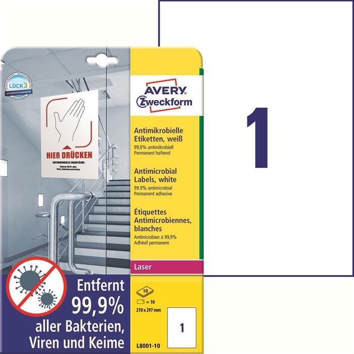 Avery Antimicrobiële labels 210 x 297 mm, wit, 10 stuks.