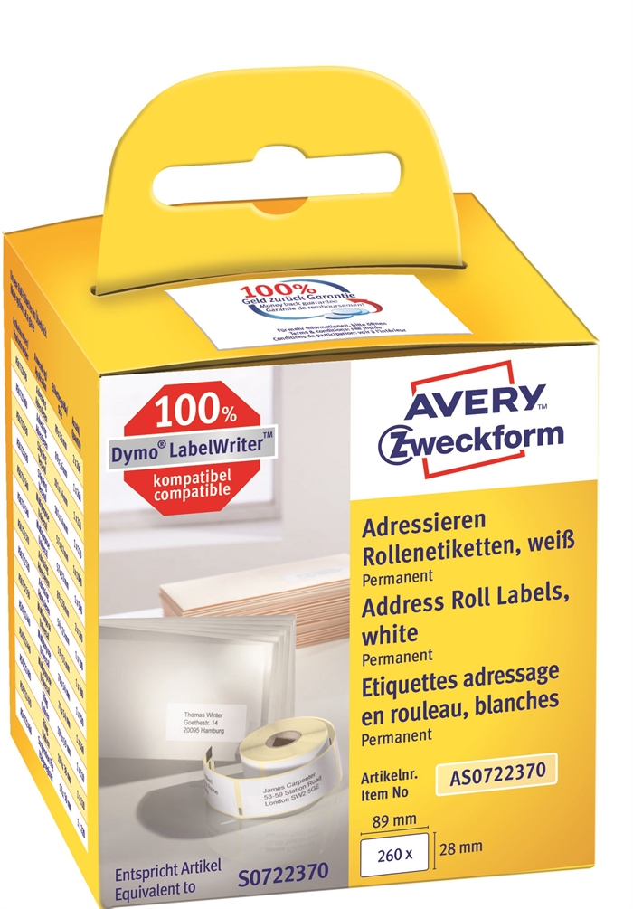 Avery adreslabels op rol 89 x 28 mm, 2 x 130 stuks.